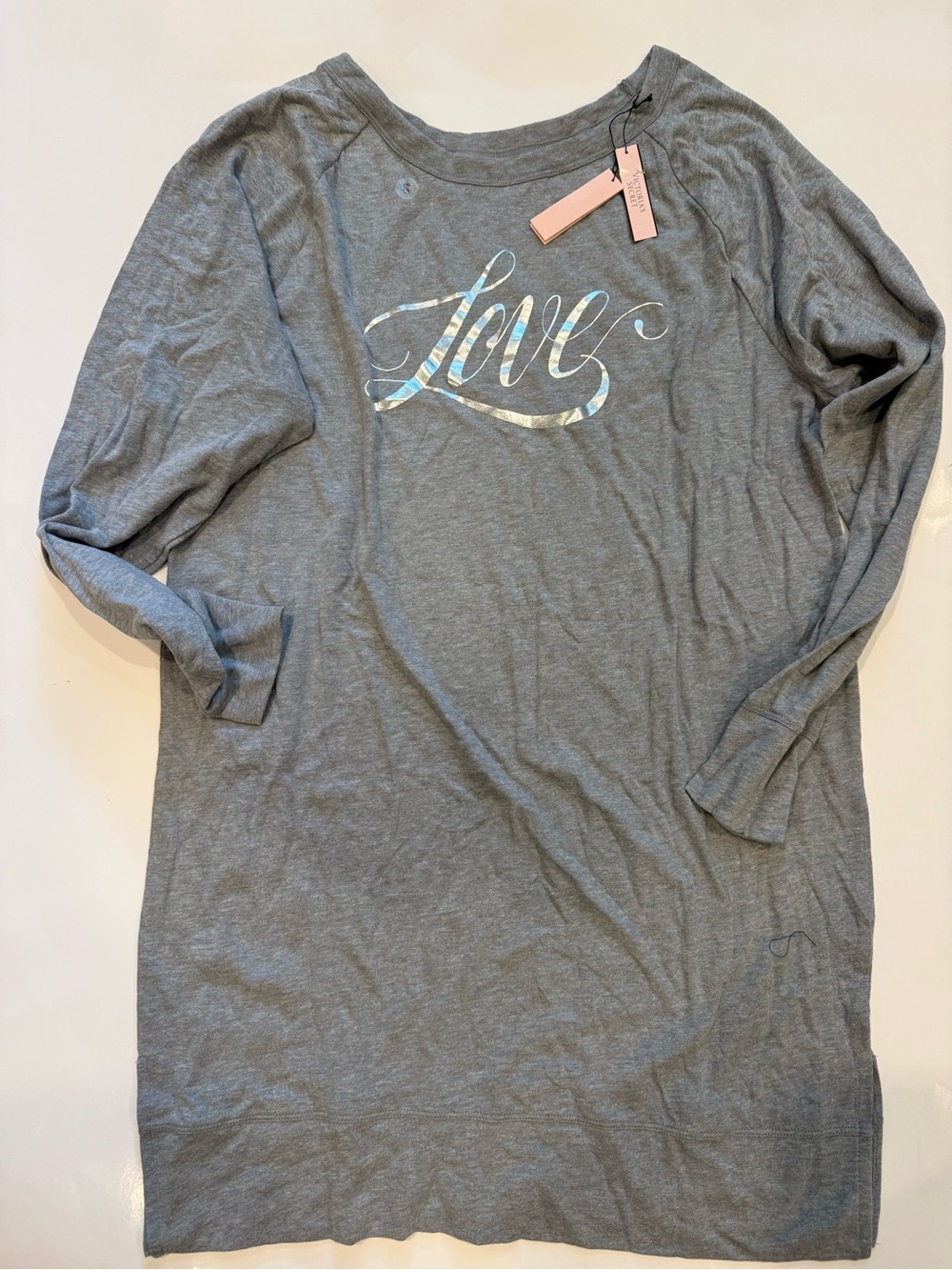 Victoria's Secret Gray 'Love' Long Sleeve Nightshirt with Iridescent Script